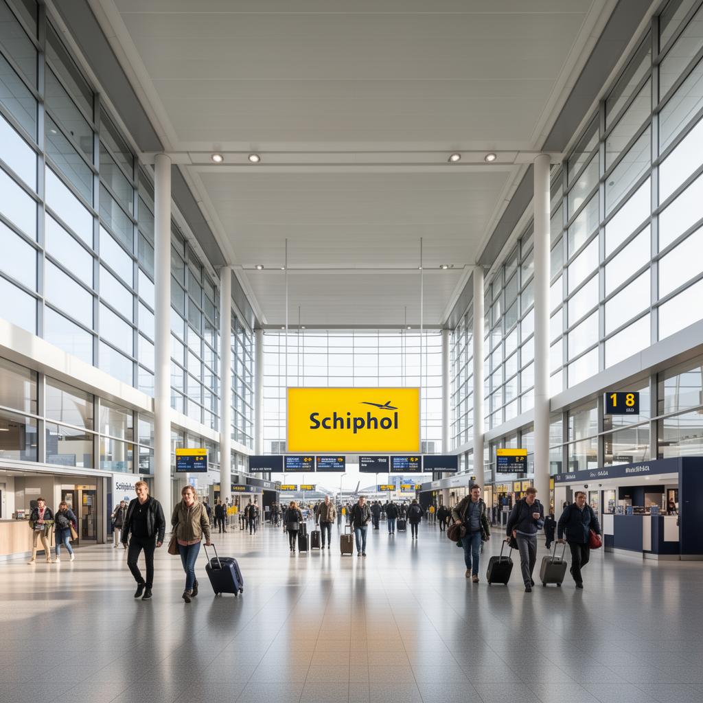 Schiphol Airport terminal interior with travelers